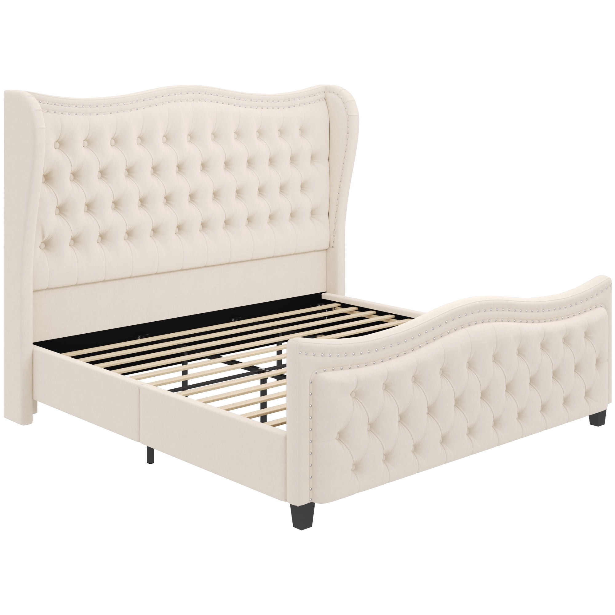 Homfa Queen Size Bed Frame, Modern Velvet Tufted Wingback Bed, Platform Bed with 55"H Upholstered Headboard, Off-White