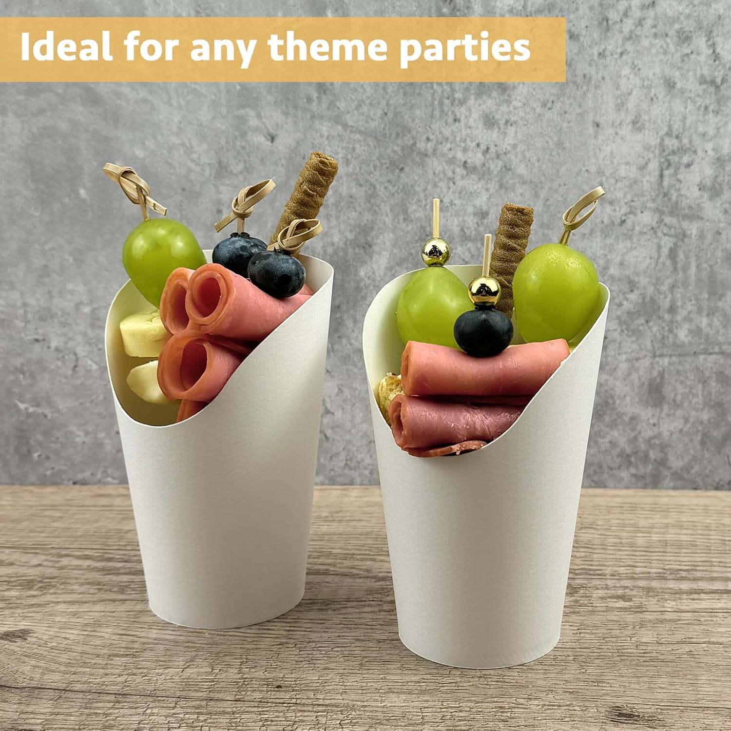 50 Charcuterie Cups + 200 Cocktail Picks + 56 Labels, 12 oz Disposable Charcuterie Cups with Sticks (2 Types), French Fry Cup White Paper Appetizer Cup for all Occasions（White）