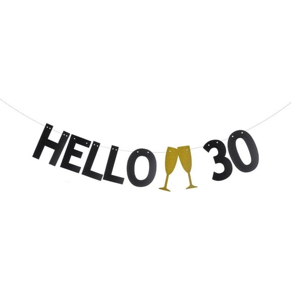 Black Glitter HELLO 30 Banner for 30 Years Old 30th Birthday Party Decorations Supplies Pre-Strung HELLO 30