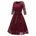 thumbnail image 2 of Jdlsppl Women's Midi Lace Dress V Neck Short Illusion Quarter Sleeve Swing Flowy Billowy Pleated Overlay Luxury Formal Dinner Evening Cocktail Party Homecoming Skater Dress Burgundy Small, 2 of 3