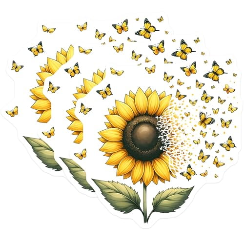 (3 Pack) Sunflower Butterfly Decals - Floral Stickers - Laptop Decal - 3 Inches On Longest Side - Easy Peel & Apply - Made in USA - 3MCS6741