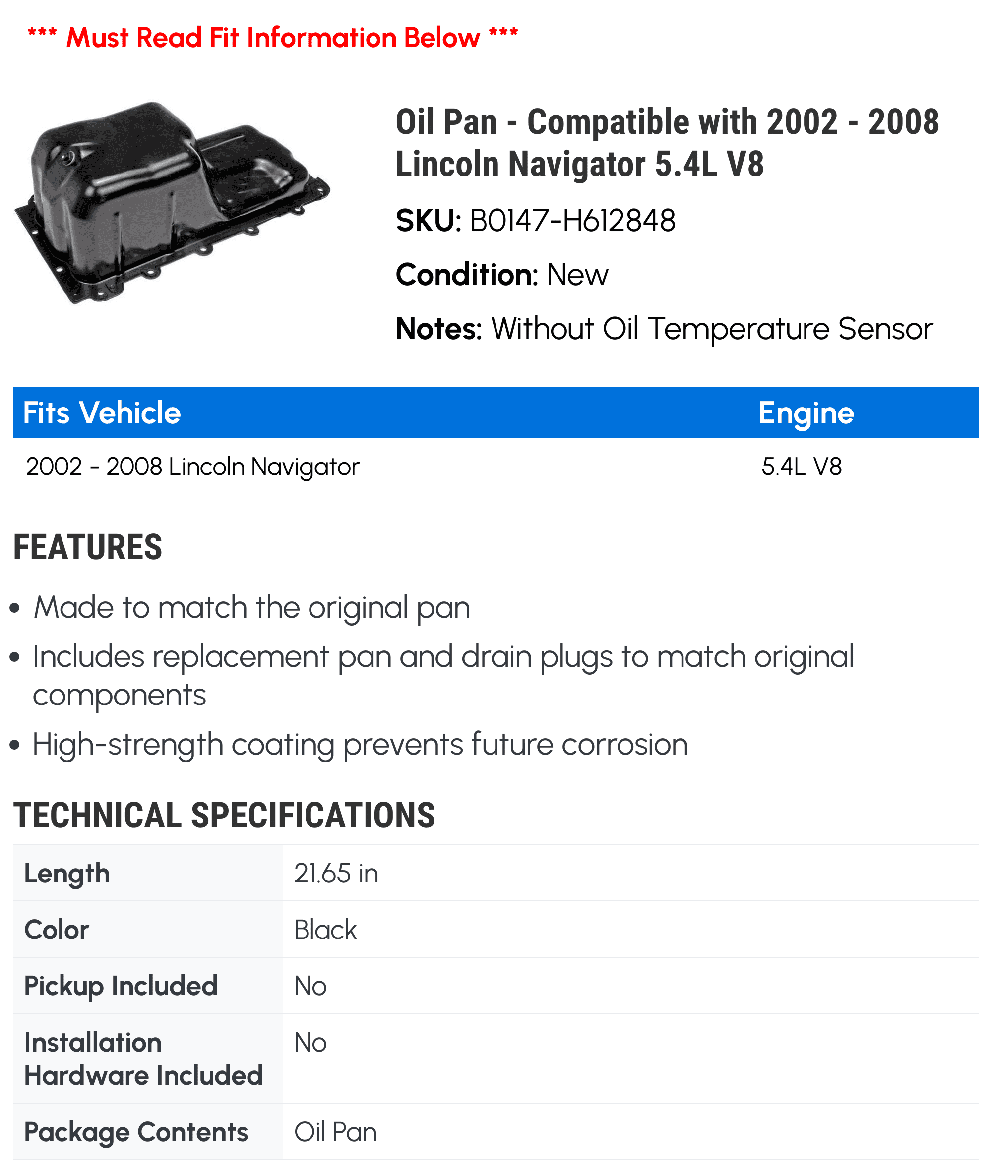 Oil Pan - Compatible with 2002 - 2008 Lincoln Navigator 5.4L V8 - Dorman
