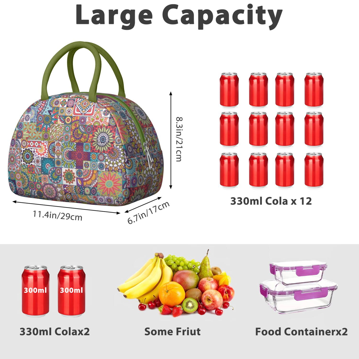 Boho Floral Lunch Bag for Women, Insulated Vintage Lunch Tote with Earthy Tribal Folk Style, Colorful Leakproof Lunch Box for Work, School or Travel