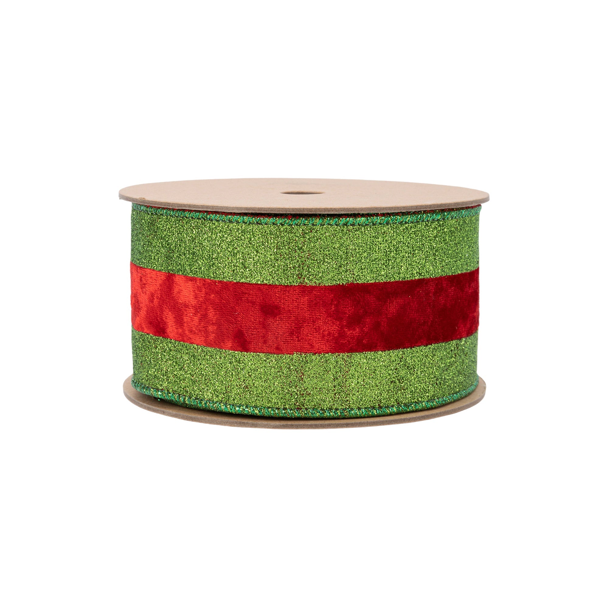 LaRibbons 2 1/2" Wired Ribbon, Green Glitter with Red Velvet Stripe, 10 Yard Roll