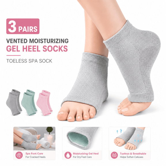 Genreen Vented Moisturizing Gel Heel Socks, 3 Pairs Toeless Spa Sock for Foot Care Treatment, Cracked Heels, Dry Feet, Foot Calluses (Gray, Green, Pink)