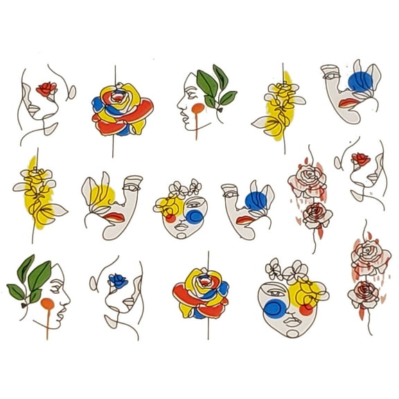 Minimal and colorful abstract faces with flowers nail art water decals fingernail art