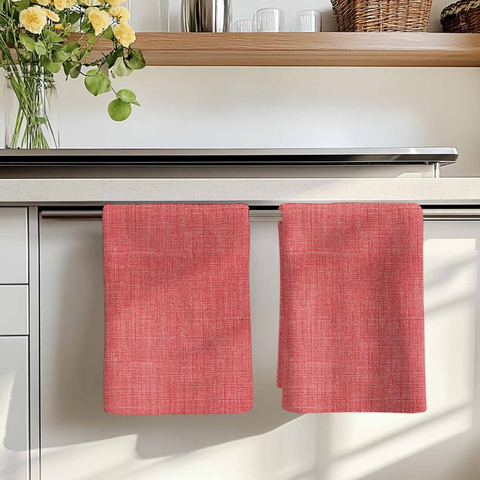 Dish Towels, Coral Red Linen Absorbent Kitchen Towels 2 PCS, Farmhouse Pure Color Microfiber Hand Towels Dish Cloths Tea Towels for Home&nbsp;Bathroom Cleaning Drying,18X28-Inch,