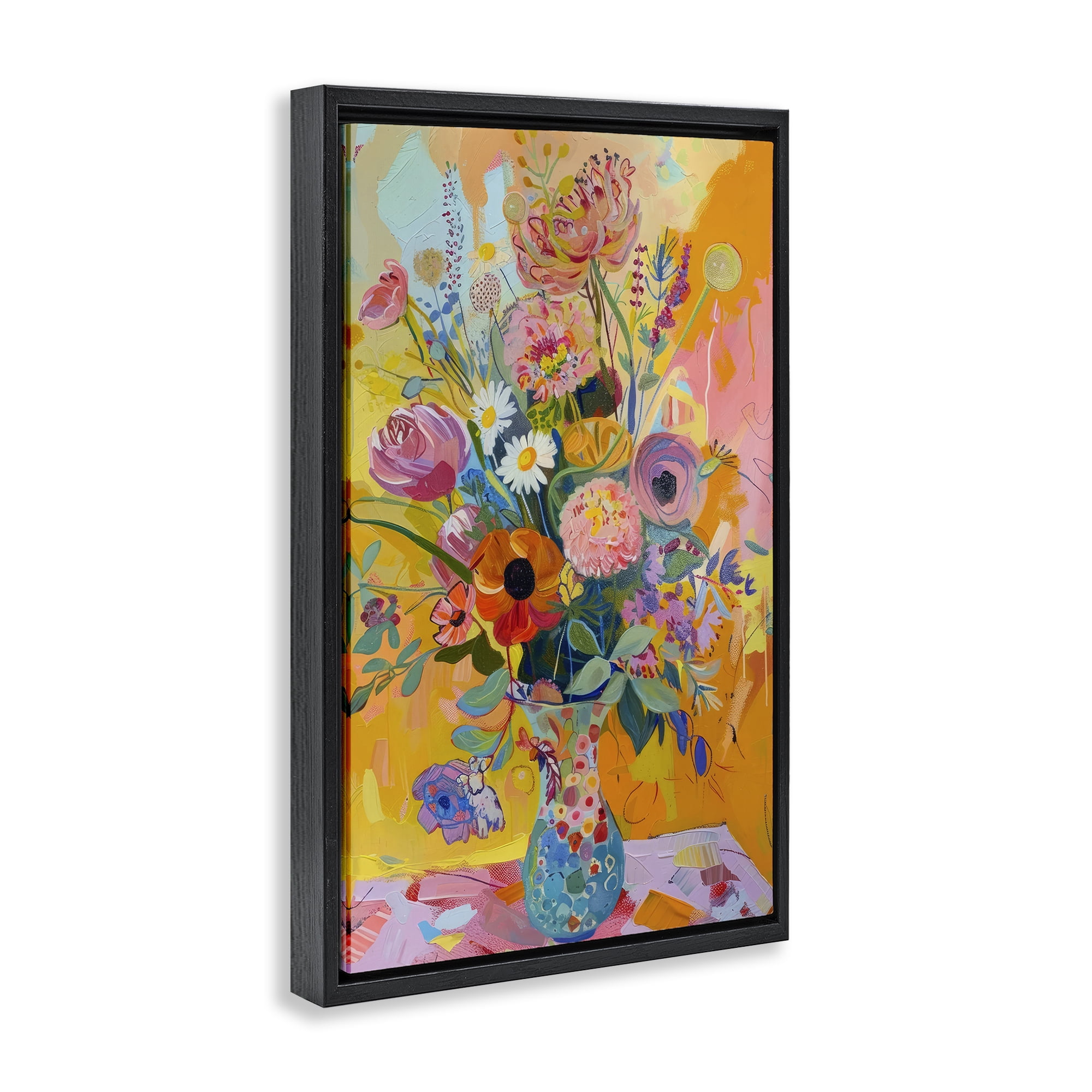 Stupell Industries Bright Hued Mod Bouquet Plants & Flowers Painting Black Floater Framed Canvas Art Print Wall Art, 17 x 25