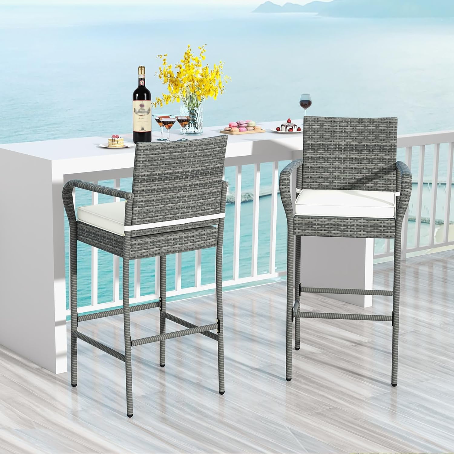 2 Pcs Outdoor Wicker Rattan Patio Bar Stools Counter Bar Height Chairs,Cushions,Mix Gray