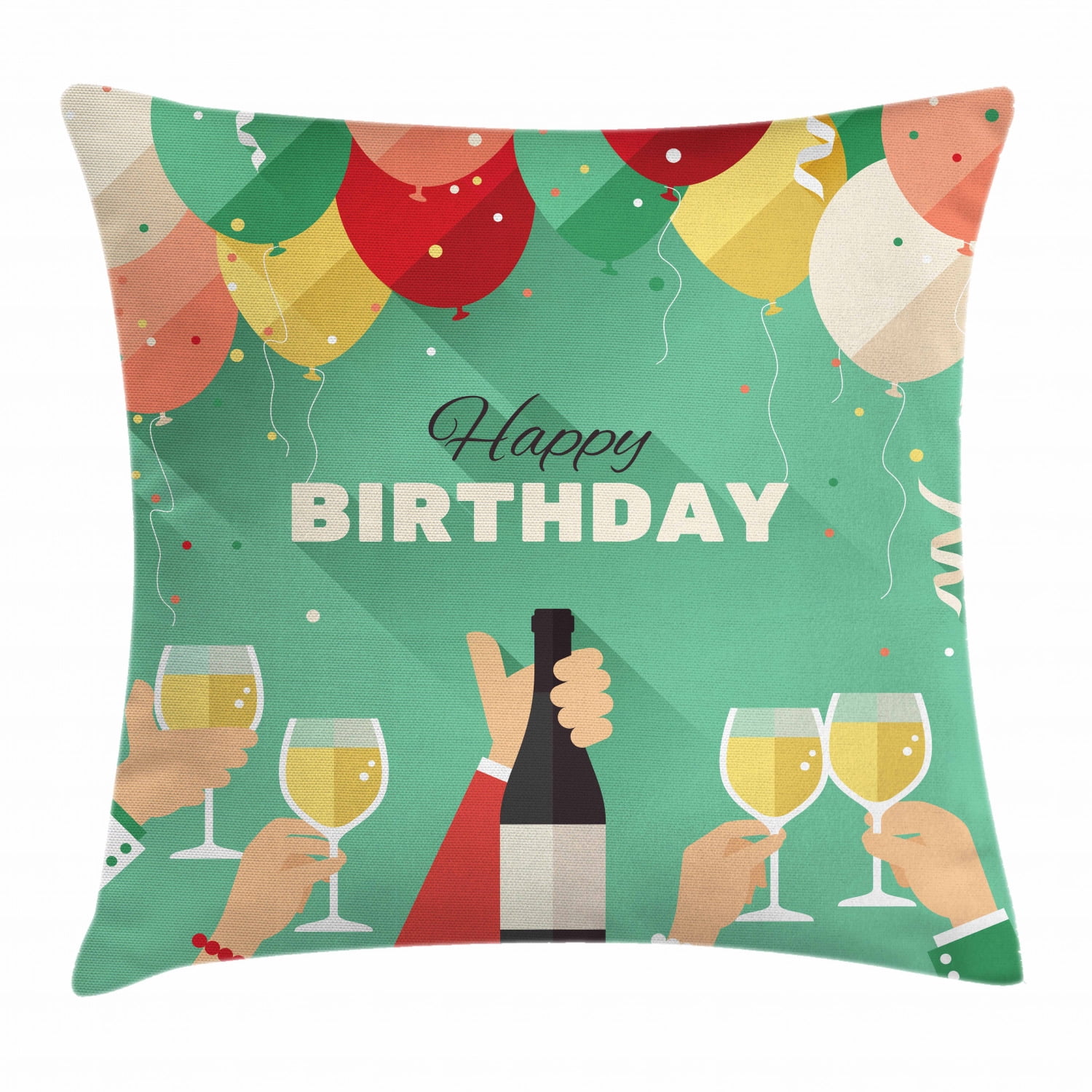 Champagne Throw Pillow Cushion Cover, Happy Birthday Greeting Party