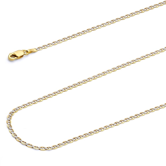 Wellingsale 14k Two Tone Yellow and White Gold Polished Solid 2mm Flat Mariner White Pave Diamond Cut Chain Necklace with Lobster Claw Clasp - 18"