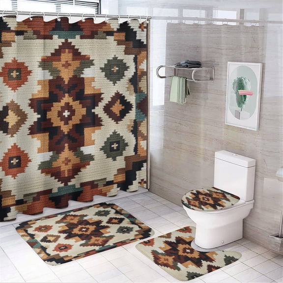 Shower Curtain 4 Piece Set Traditional Southwestern Patterns with Non-Slip Rugs Toilet Lid Cover And Bath Mat Traditional Mexican Patterns Bathroom Decor Sets for Bathtub Decor 72inch X 72inch