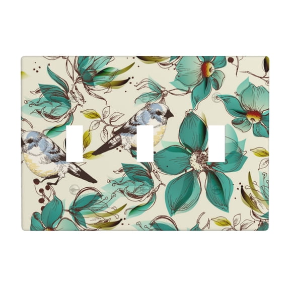 Retro Flowers Birds Watercolor 3 Gang Light Switch Cover Decorative Triple Toggle Wall Plate for Kitchen Bedroom Bathroom Living Room Decor