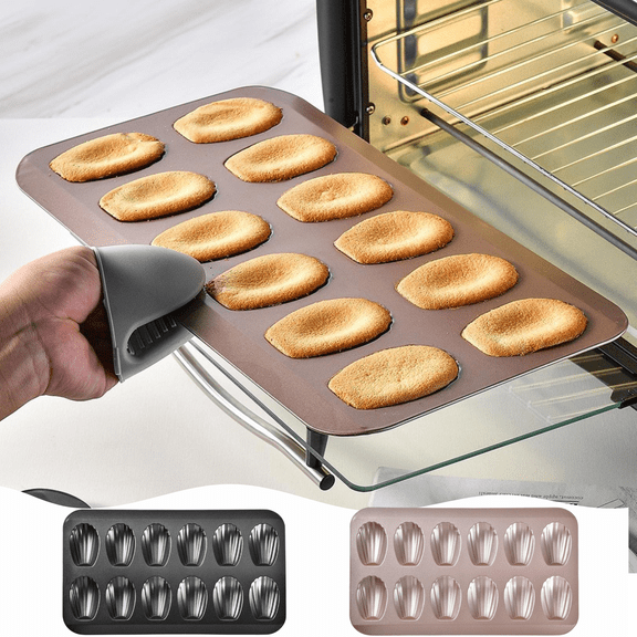 CuiLiyq 1 Pack Nonstick Madeleine Pan for Baking, 12 Cavity Shell Shape Cake and Cookie Mold Tray, for French Cookies Brownies Pastries (Gold)