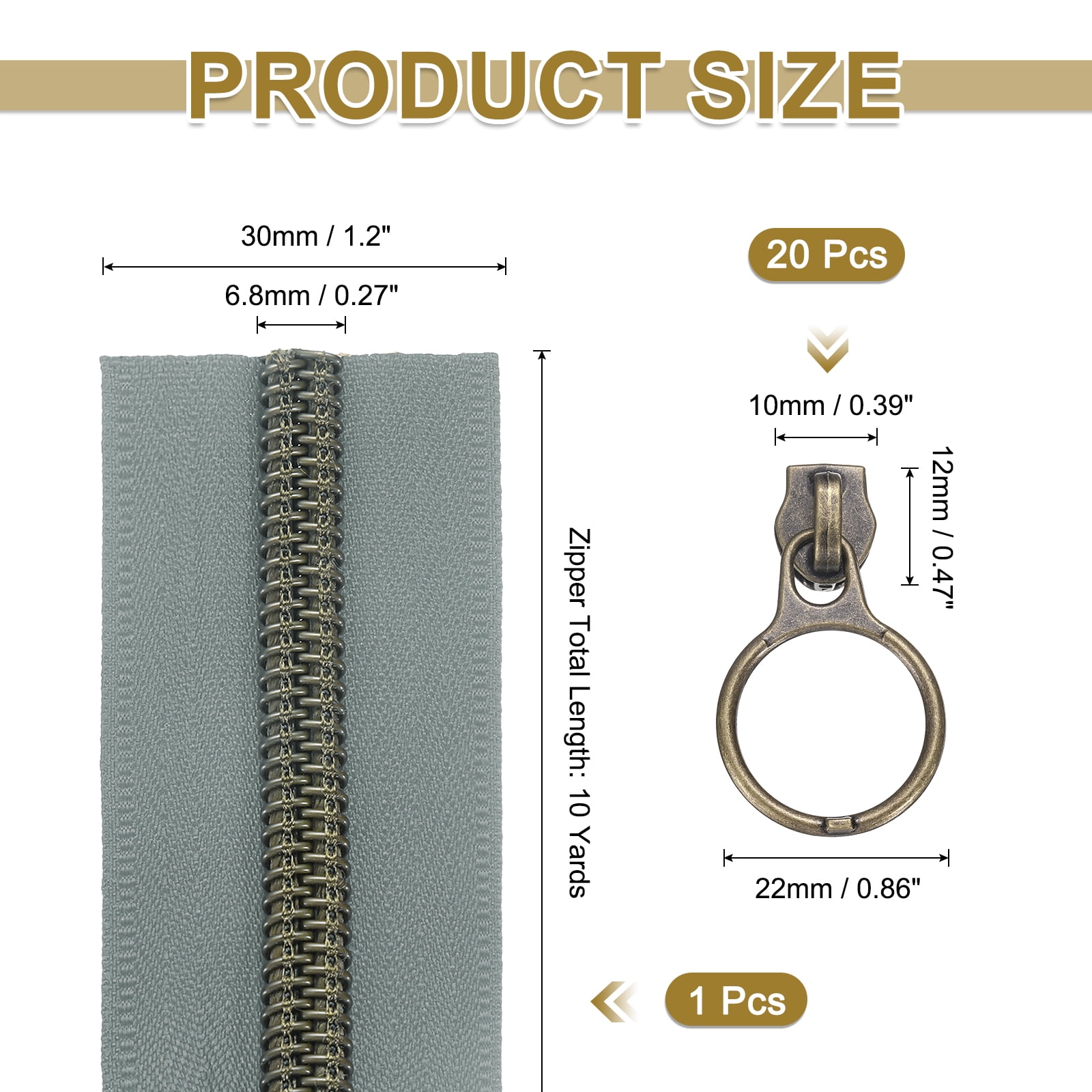 #5 10 Yards Nylon Coil Zippers, Bulk Coil Zipper by the Yards with 20pcs Brass Zippers Sliders for Diy Tailor Sewing Craft Bag Clothes, Gray