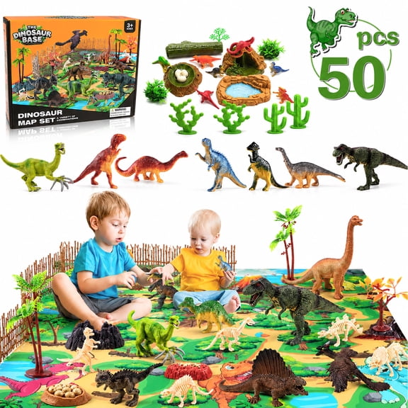 Zacro Dinosaur Toys for Boys, 50 PCS Dinosaur Playset with Large Play Mat, Realistic Dinosaur Figures, Volcano, Eggs, Fossils & Trees, Educational Toy for Kids Ages 3-8