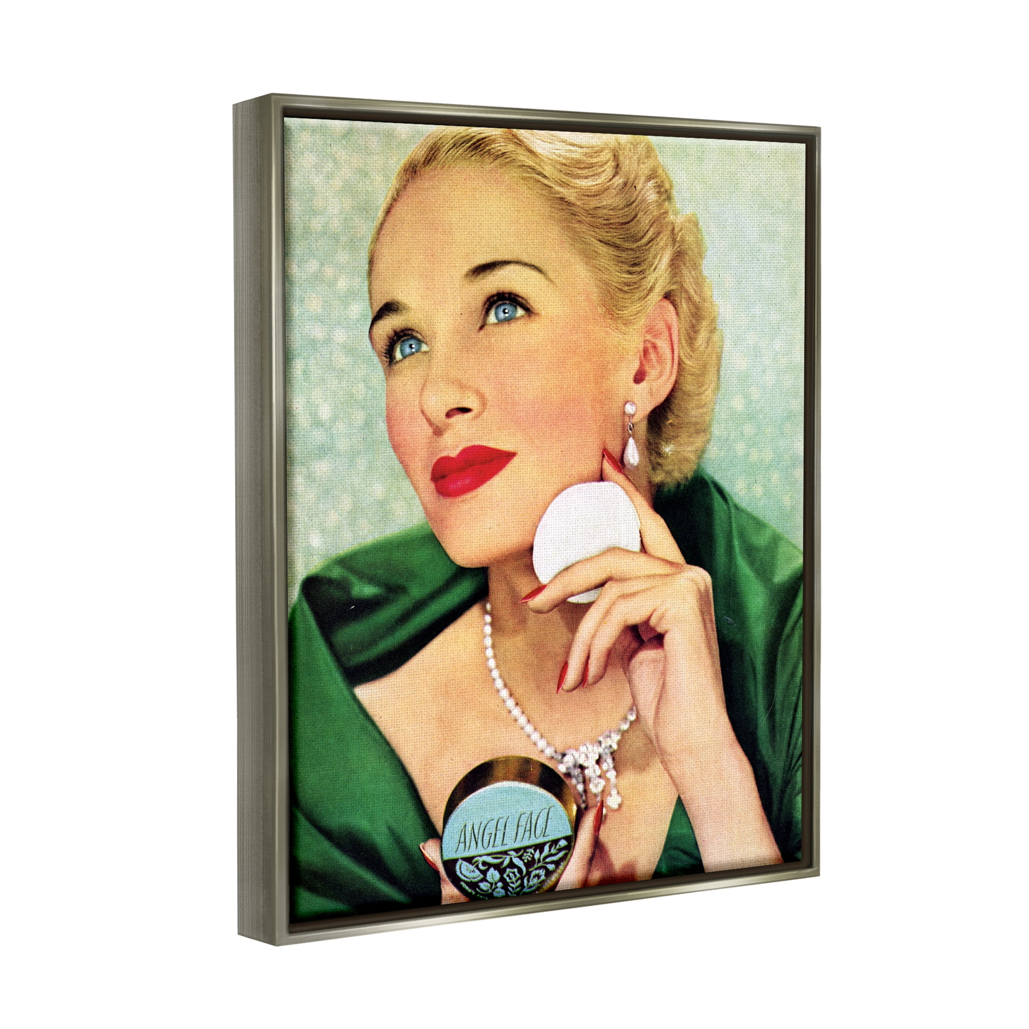 Stupell Industries Vintage Cosmetic Ad Woman Beauty & Fashion Painting Gray Floater Framed Art Print Wall Art
