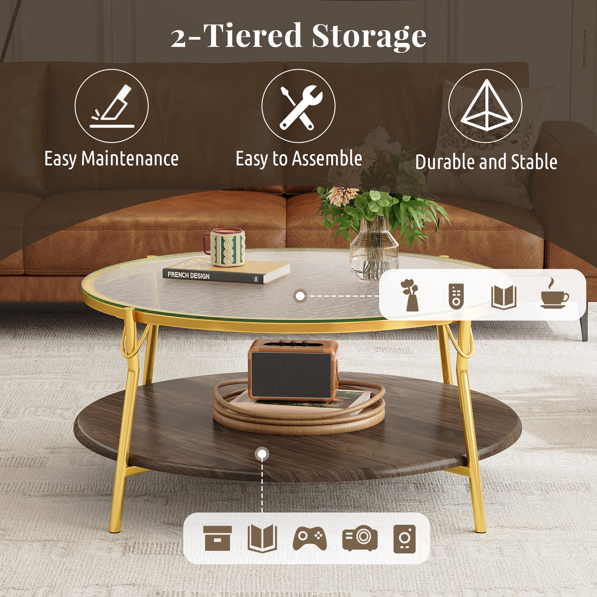 TesNus Modern Round 2-Tier Coffee Table with Glass Top, 29.9" Walnut Accent Table with Gold Metal Base for Living Room