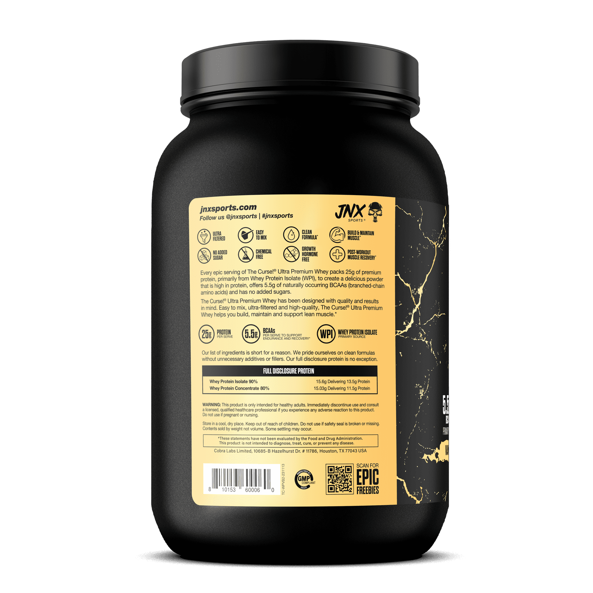 JNX Sports® The Curse! Ultra Premium Whey Protein Powder Vanilla Bean, Whey Protein Isolate Blend, 25g Protein per Serving, 2 lb