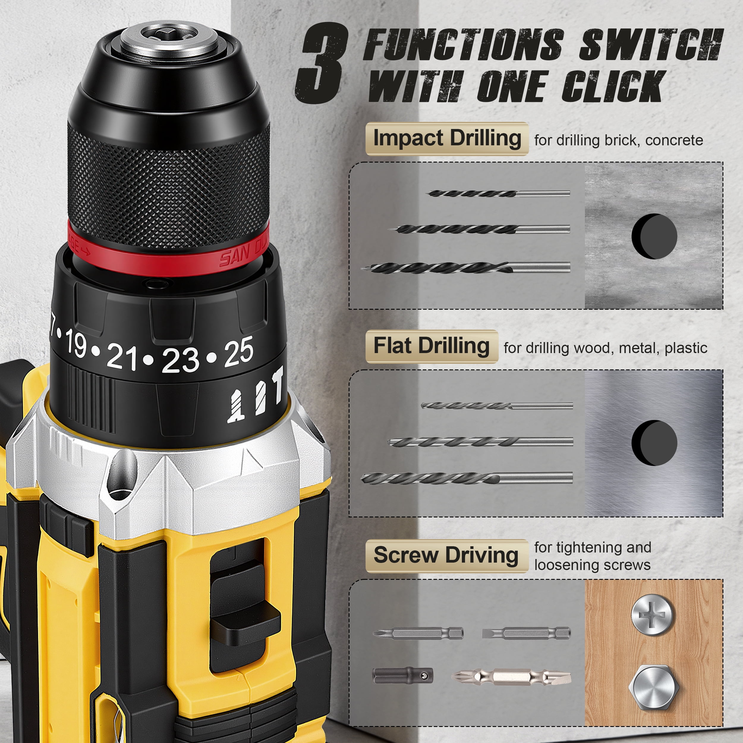 RELOIVE 21V Cordless Drill Driver,Power Drill Set with 2×2000mAh Batteries,4-in-1 Function,45N.m Max Torque,3/8" Keyless Chuck, 25+3 Position