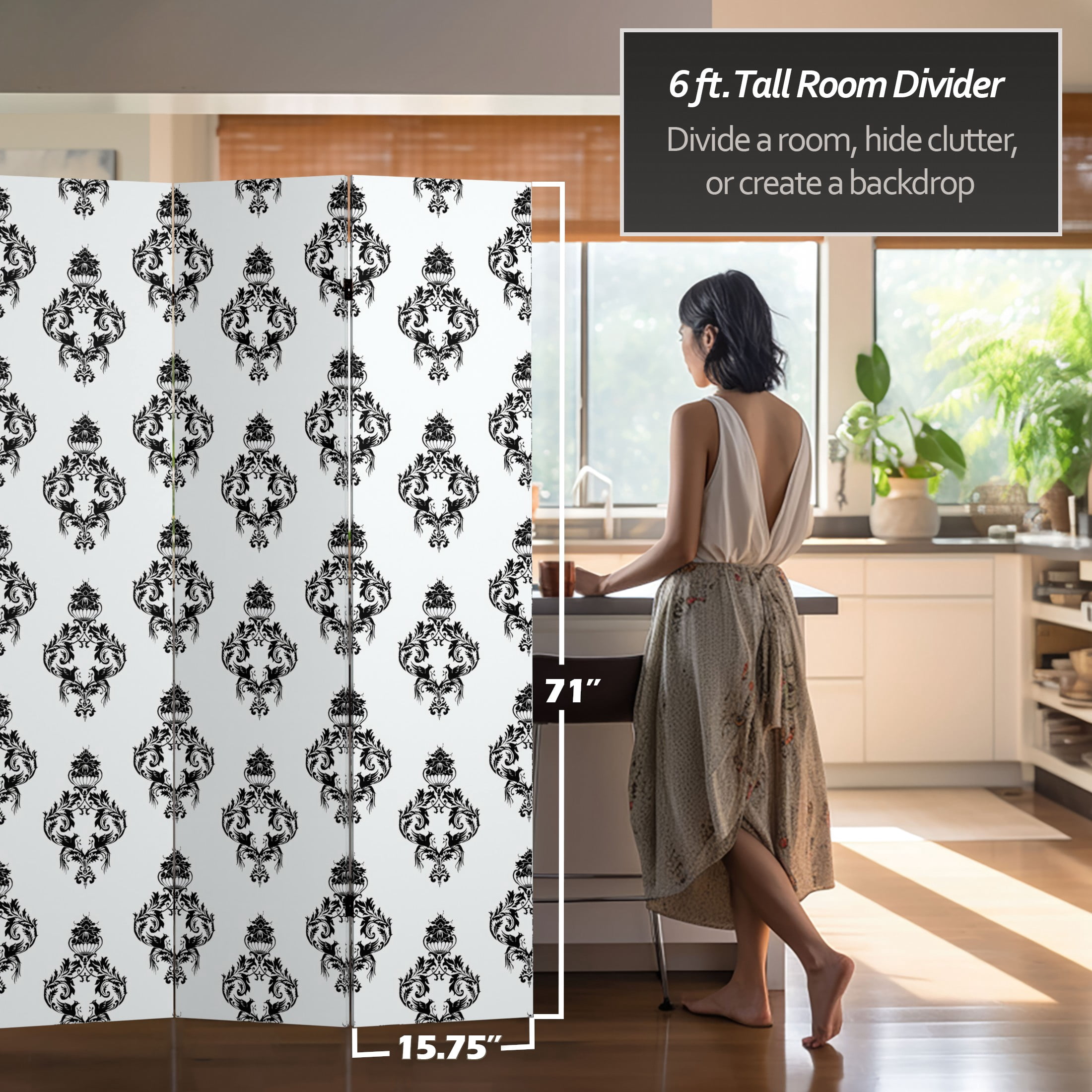 Oriental Furniture 6 ft. Tall Black and White Damask Room Divider - 6 Panel
