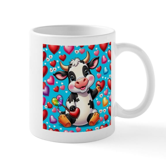 CafePress - Adorable Cow Has Hearts Mugs - 11 oz Ceramic Mug - Novelty Coffee Tea Cup