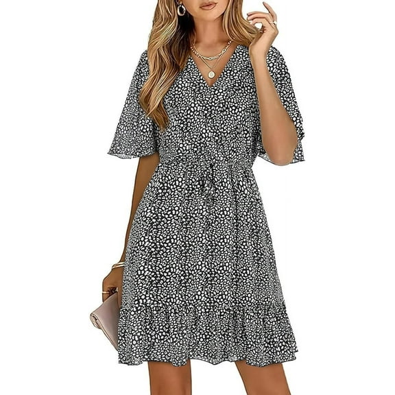 FreshPretty Women's Summer Dresses 2025 Casual Short Sleeve V Neck Ruffle Floral Print High Waist Flowy Mini Dress with Belt