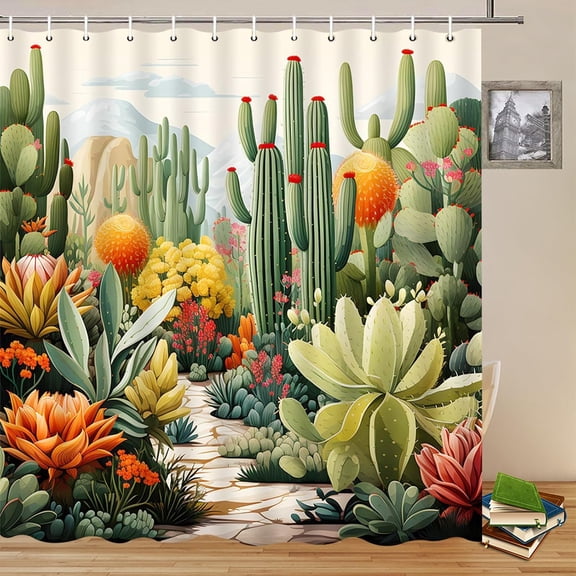 Cactus Shower Curtains Desert Tropical Plants and Flowers Succulent Flower Mountain Landscape Pattern Print Bathroom Decor Polyester Fabric Curtains with Hooks-48"W x 72"L (Pack of 1)