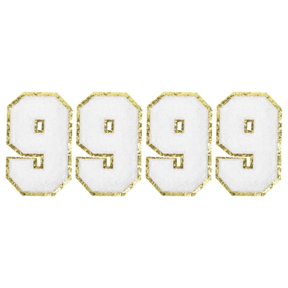4 Packs Glitters Chenille Number Patches 8.4cm / 3.3" Embroidery Numbers Patches for T-Shirt, Hats, Bags (White, 9)