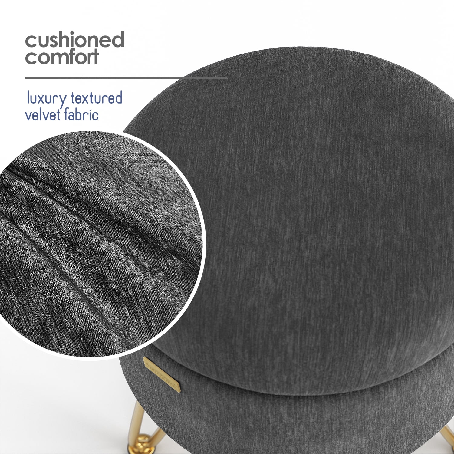 LammaLoe Small Round Ottoman with Storage, Textured Velvet Ottoman Foot Stool with Lid, Upholstered Vanity Stool for Living Room & Bedroom, Gray