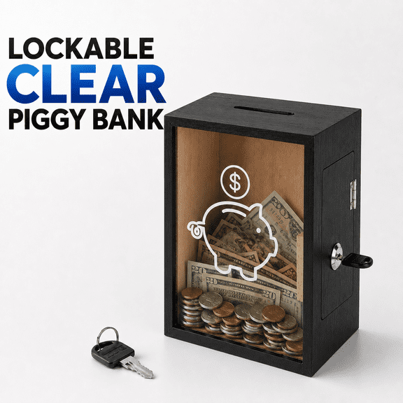 MORAVE Black Clear Piggy Bank with Lock, Large Openable Money Bank Box Container, Clear Saving Jar for Cash Coin Change Penny Storage, Money Saving Container for Adults