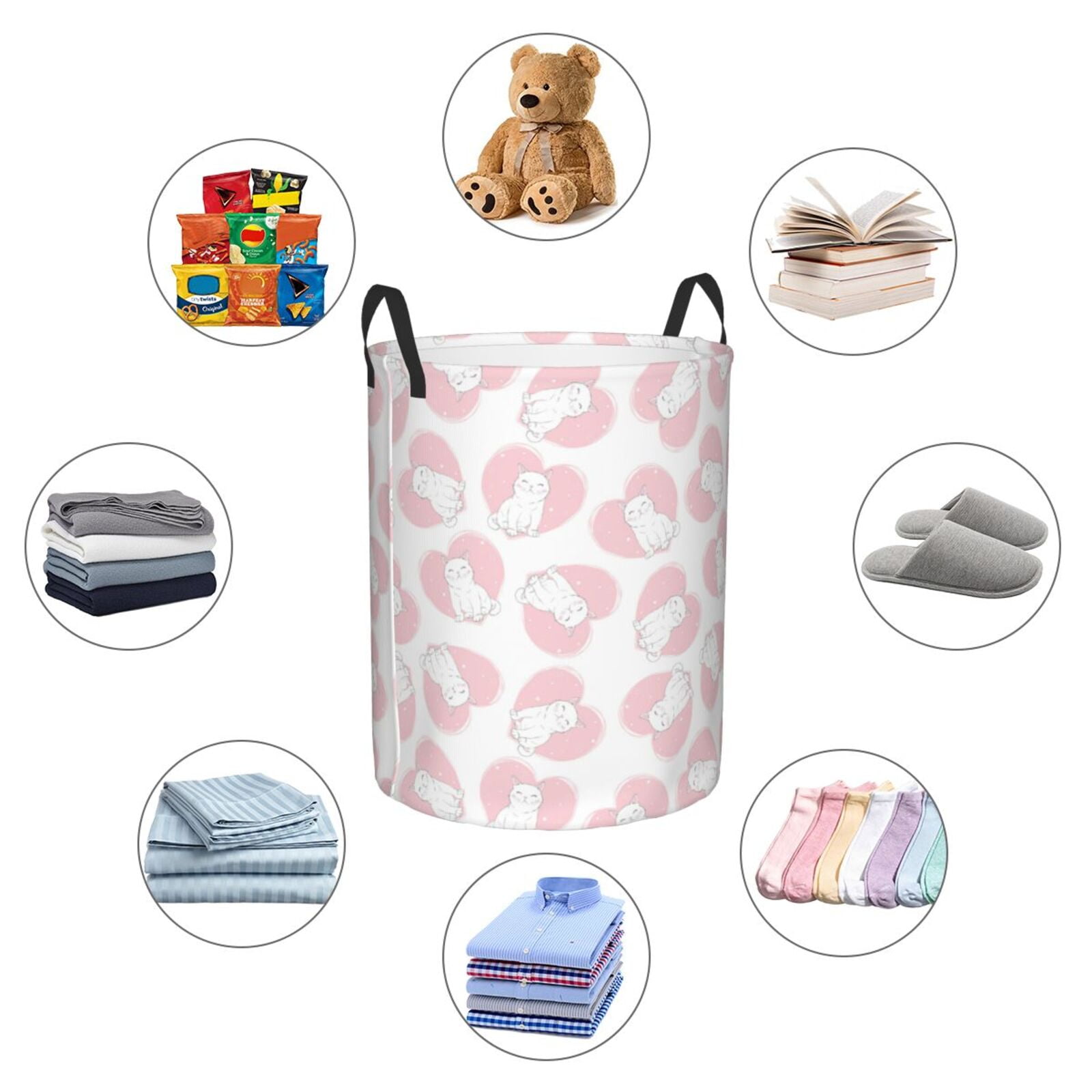 Large Laundry Basket with Handles - Cute Pink Loving Cartoon Cat Kids Baby Dirty Clothes Laundry Hamper for Bedroom Aesthetic