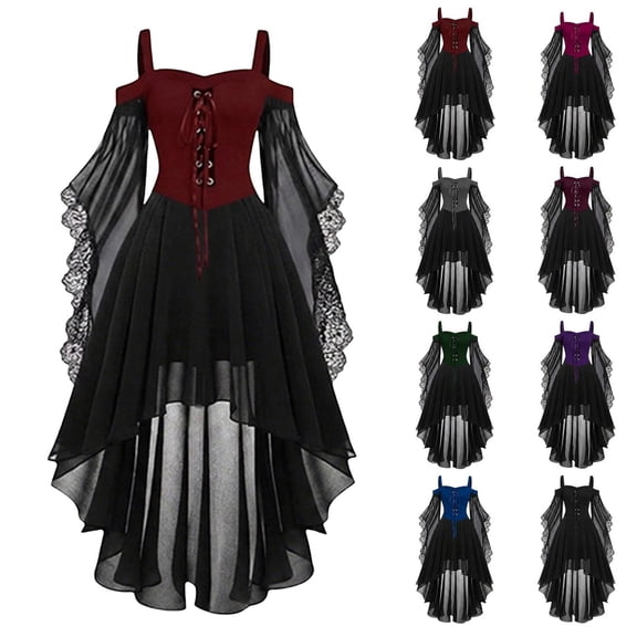 Gothic Witch Dress For Women Off Shoulder Butterfly Sleeve Lace Halloween Dress Medieval Vampire Vintage Gothic Outfit