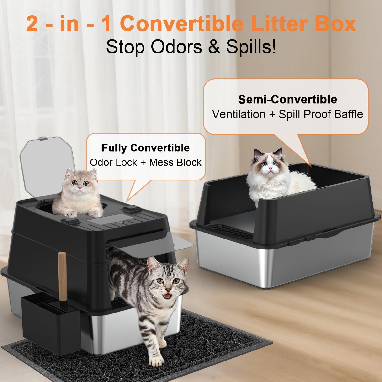 Stainless Steel Cat Litter Box With Lid Extra Large Enclosed Non-sticky Metal Pan High Sided & Scoop  Odor Free Front Top Entry Anti-leakage Easy Cleaning