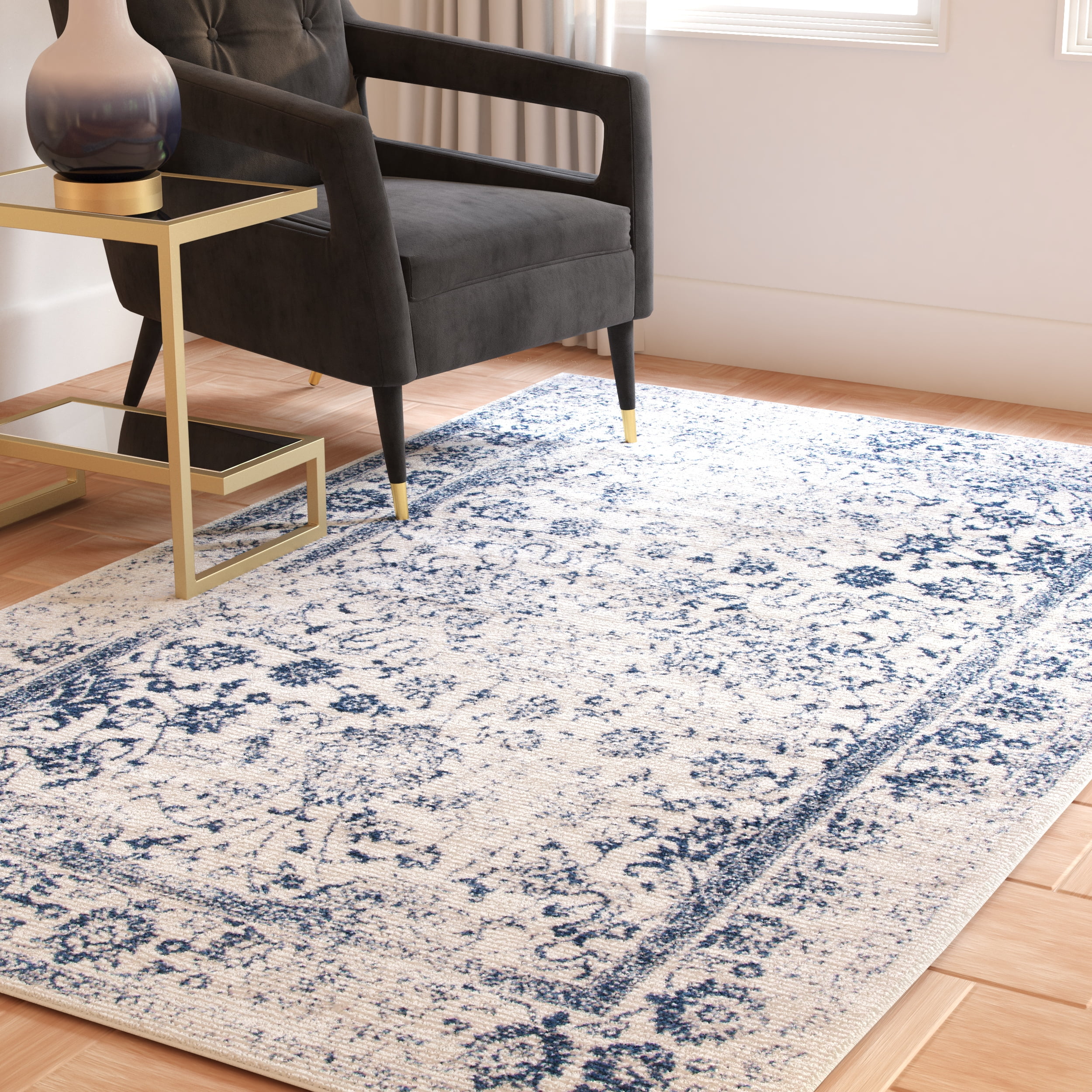 SAFAVIEH Adirondack Wyatt Traditional Distressed Area Rug, Ivory/Navy, 5'1" x 7'6" - Transitional Modern Design, Ivory & Navy, Ideal for Living Room, Bedroom, Dining Space