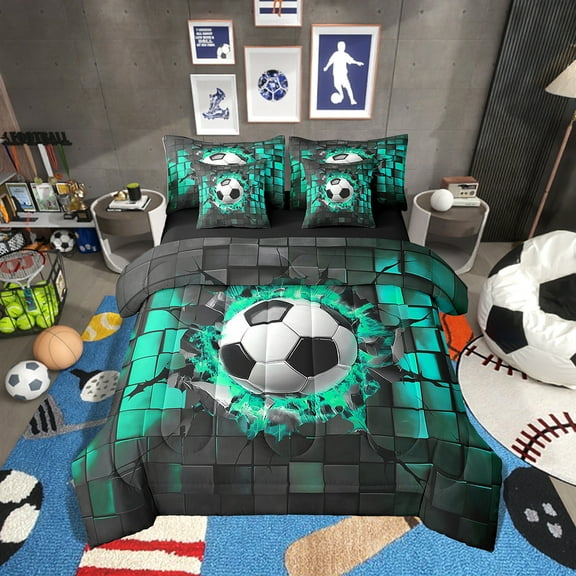 Erosebridal Soccer Bedding Sets Twin Size,Gaming Sport Comforter Sets with Sheets,Geometric Decor,Reversible