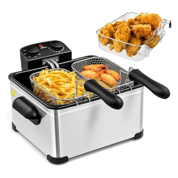 Deep Fryer with 3 Baskets, 5.3QT/5L/21-Cup Oil Capacity, Stainless Steel Home Fryer with Adjustable Temperature, Timer, Lid w/View Window, 1700W Electric Fryer for Kitchen Restaurant (5.3QT)