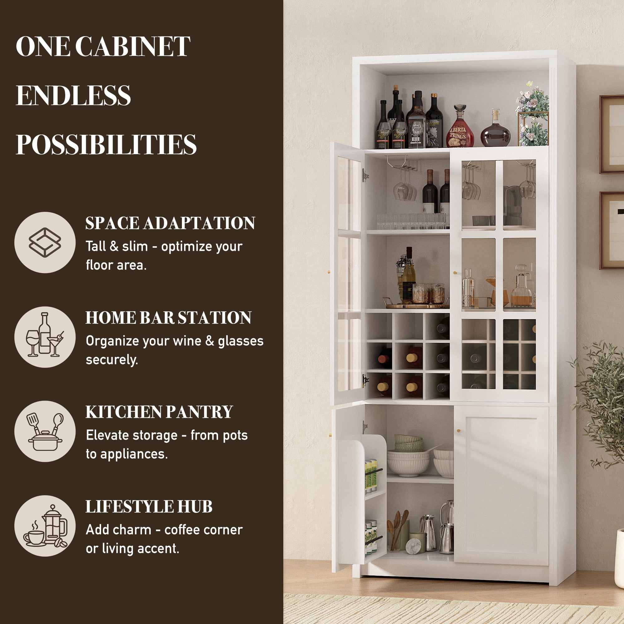 Euroco 78.7" Tall Modern Wine Bar Cabinet with Glass Doors,Coffee Bar Cabinet with 18 Wine Racks, Stemware Rack,Door Storage Shelves & Adjustable Shelves for Kitchen Dining Room,White