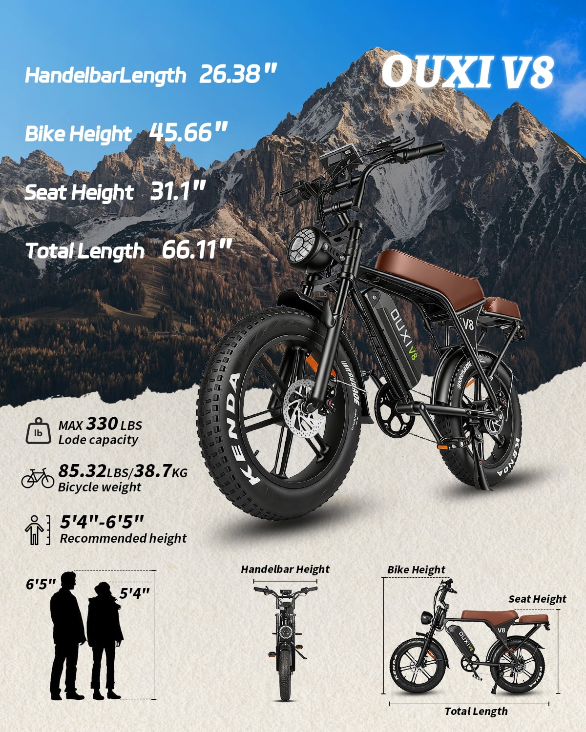 VTOKW V8 Electric Bike for Adults,1000W Peak Motor Adult Electric Bicycle,48V 15Ah Battery,Up to 31MPH,20'' Fat Tire Ebike,Dual Disc Brakes Mountain Bike for Cycling,7 Speed E Bike,E-bike UL2849