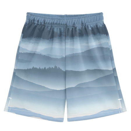 Layered Blue Mountain Landscape Athletic Shorts Breathable with Comfort Fit Drawstring Casual Sweatshorts Medium
