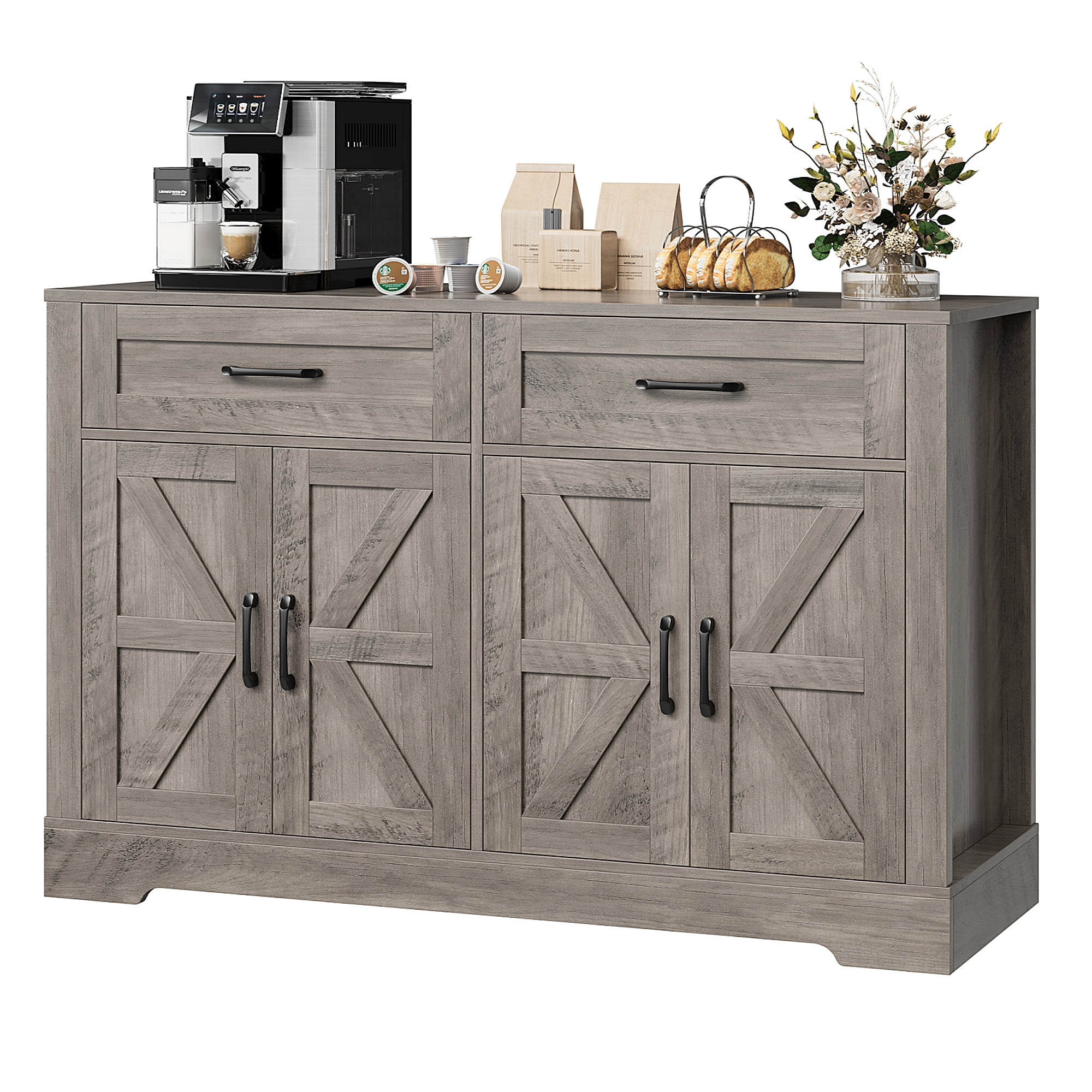 Homfa Buffet Cabinet with 2 Drawers and 4 Doors, Kitchen Sideboard Storage Cabinet, Farmhouse Coffee Bar Cabinet for Dining Room, White & Brown, Gray