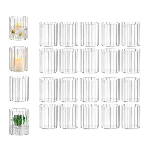 Glasseam Set of 24 Clear Glass Cylinder Candle Holders: Short Ribbed Hurricane Vases for Wedding Anniversary Baby Shower Home Table Decor