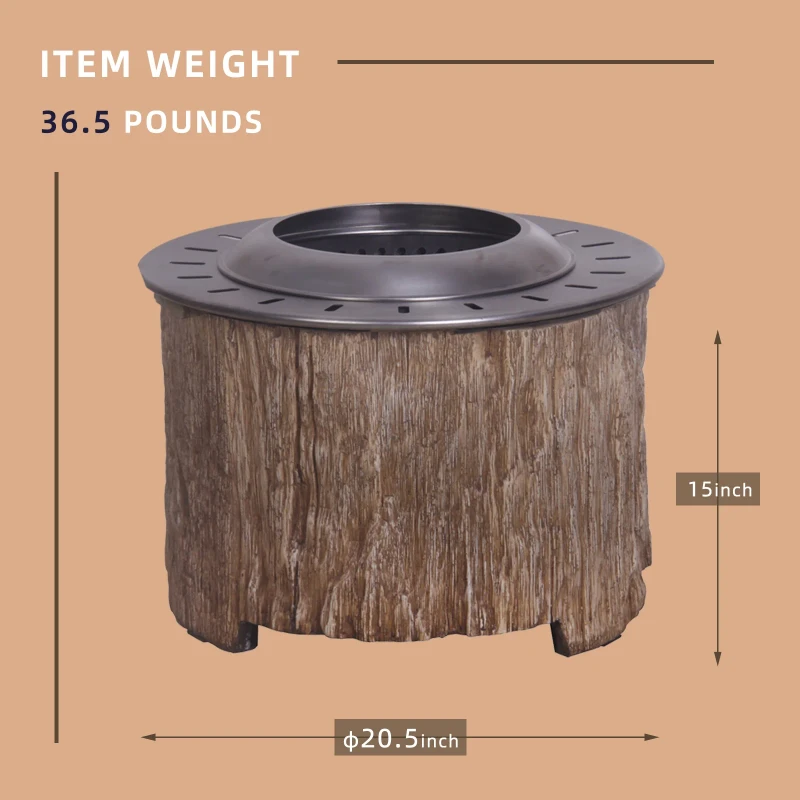 Afterglow Smokeless Fire Pit, 20.5" Round Wood Burning Stainless Steel Top and TerraFab Material Base,Firepit with Weather Cover Perfect for Outdoor Patio Garden, Woodgrain Brown