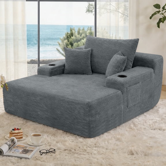 Oversized Lounge Chaise Plush with Wide Armrest and 2 Pillows, Modern Corduroy Cozy Boneless Sleeper Chaise Bed Armchair with cup holder and Side Pockets for Living Room,No Assembly Required,Gray