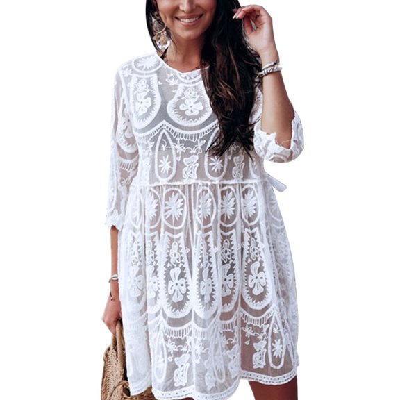 Women Bikini Cover Up White Crochet Embroidered Floral Lace Swimwear Bohemian Backless Tassels Drawstring Dress Beachwear