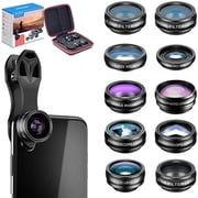 Apexel 10 in 1 Phone Camera lens kit Wide Angle lens, Macro lens, Fisheye lens, Telephoto lens, Kaleidoscope 3/6 lens CPL/Flow/Star/Radial Filter Clip-on Phone for iPhone Samsung Most of Smartphone