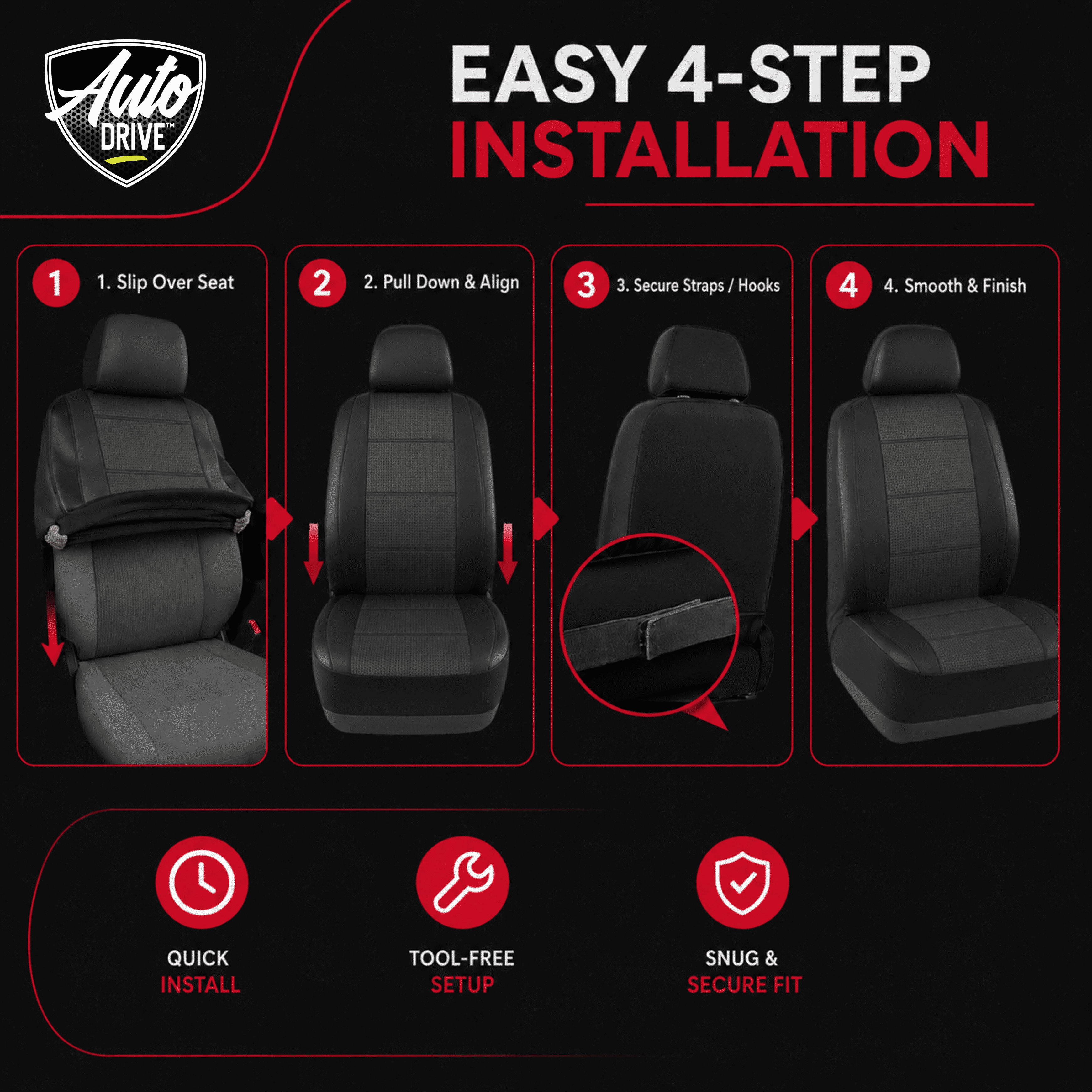 Auto Drive Car Seat Covers, Two-Tone Fabric Front Seat Protector, Breathable Comfortable, Anti-Slip Airbag Compatible Universal Fit for Cars SUVs Trucks,Black