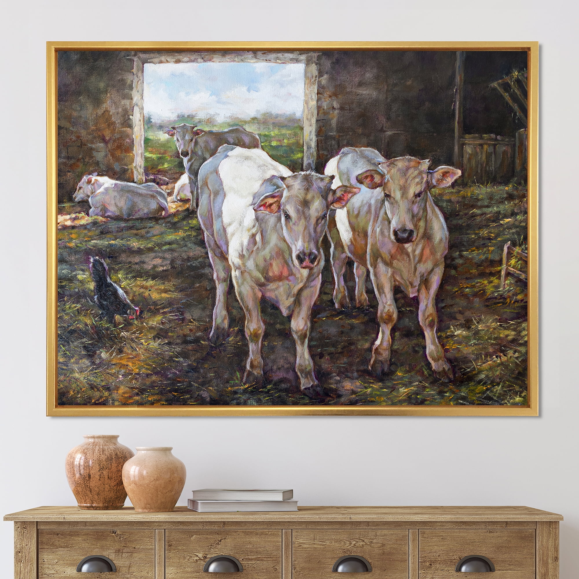 Designart 'The Cows In The Stable In Countryside' Farmhouse Framed Canvas Wall Art Print