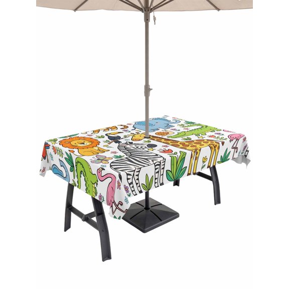 Outdoor Tablecloth with Umbrella Hole for Patio/Picnic/Party/Camping, Cartoon Animals Waterproof Table Cloth Rectangle Table Cover Washable, Cute Funny Botanical Zebra Giraffe Flower (60"x 120")