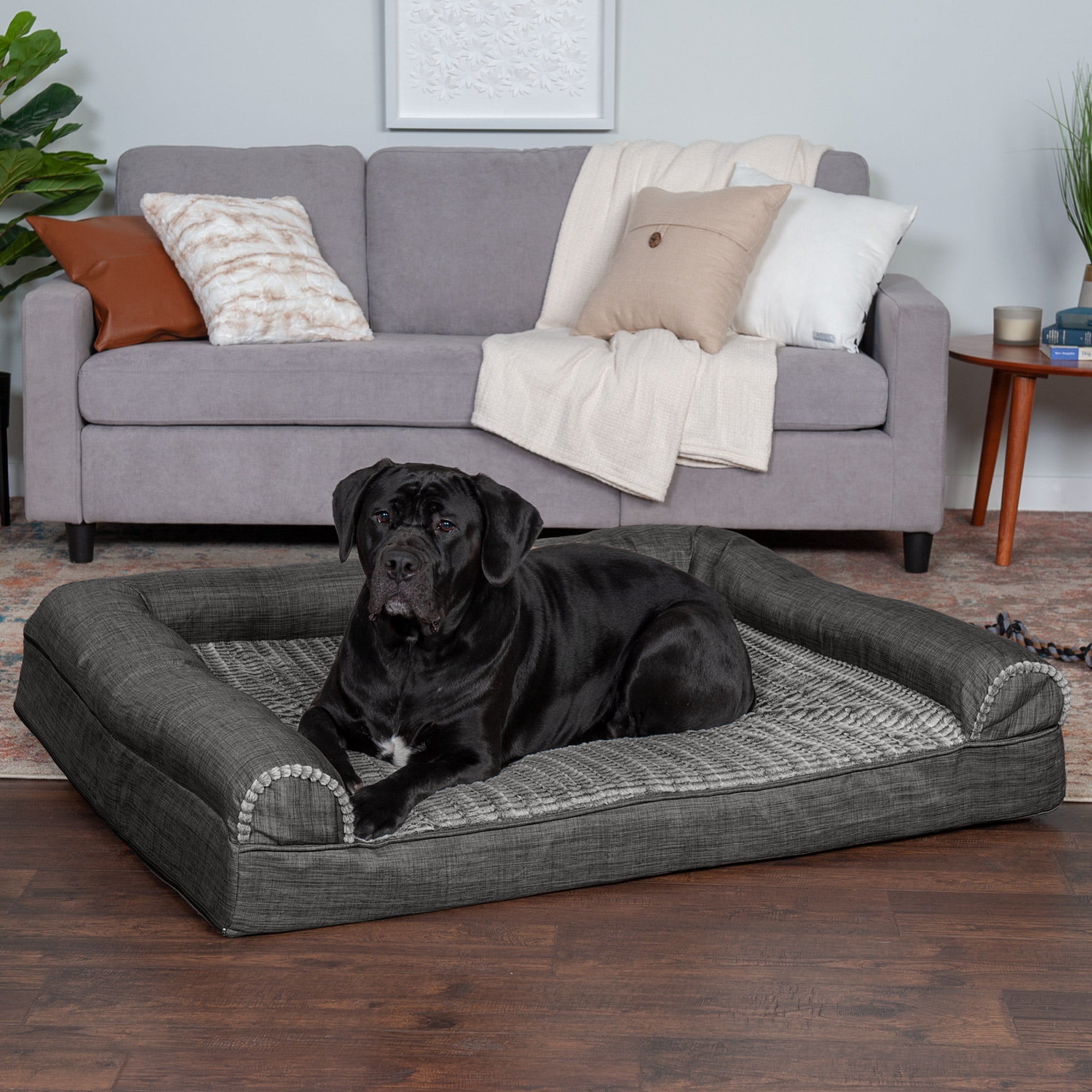 FurHaven Pet Products Luxe Fur & Performance Linen Cooling Gel Top Sofa Pet Bed for Dogs & Cats - Charcoal, Jumbo Plus